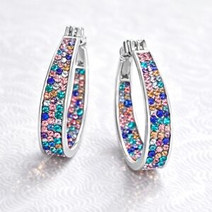 Rainbow CZ Hoop Earrings Silver Tone Colorful Statement
